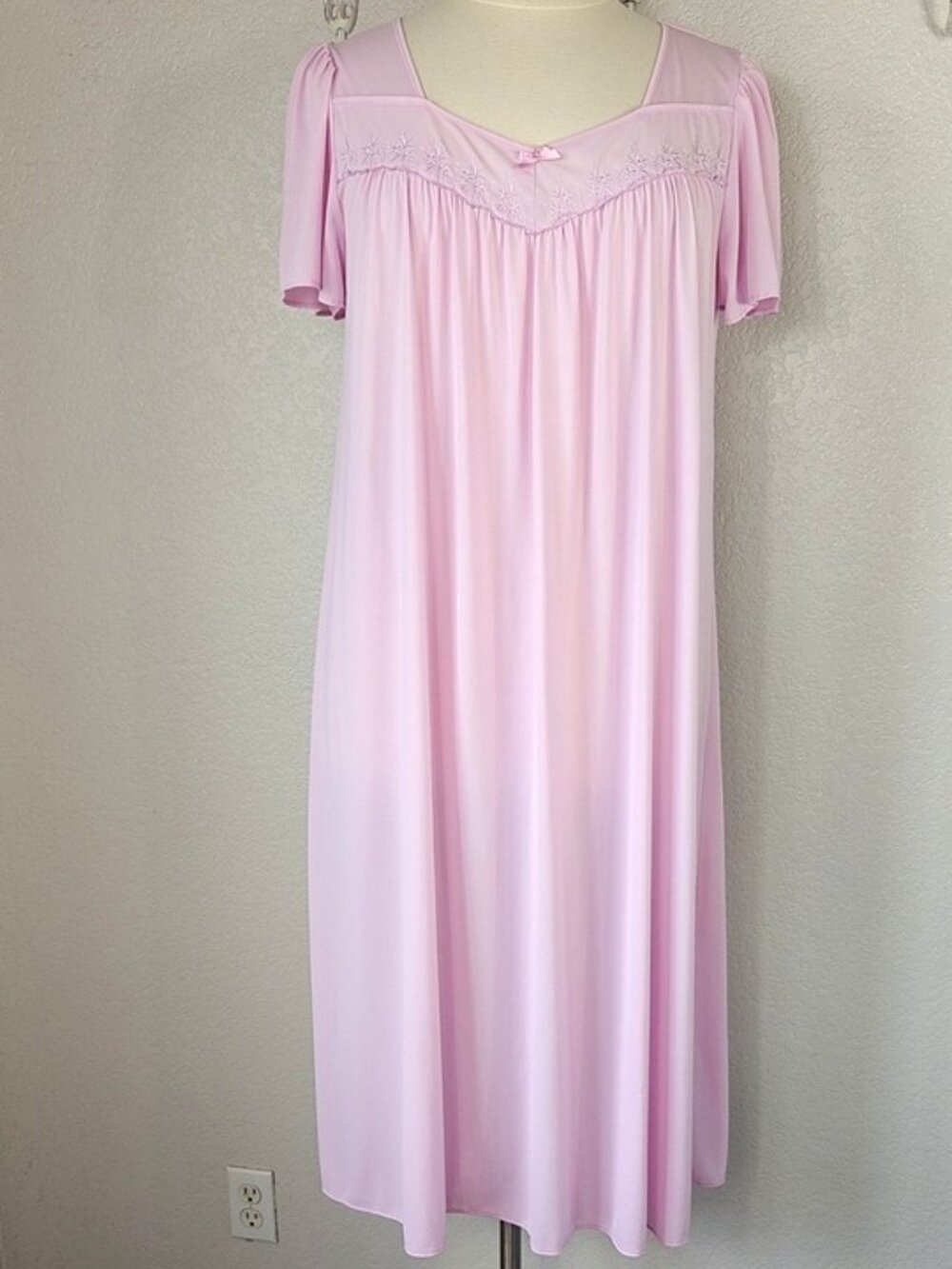 Miss Elaine Sz L Nylon Tricot Long Classic Nightgown Pink Short Sleeve